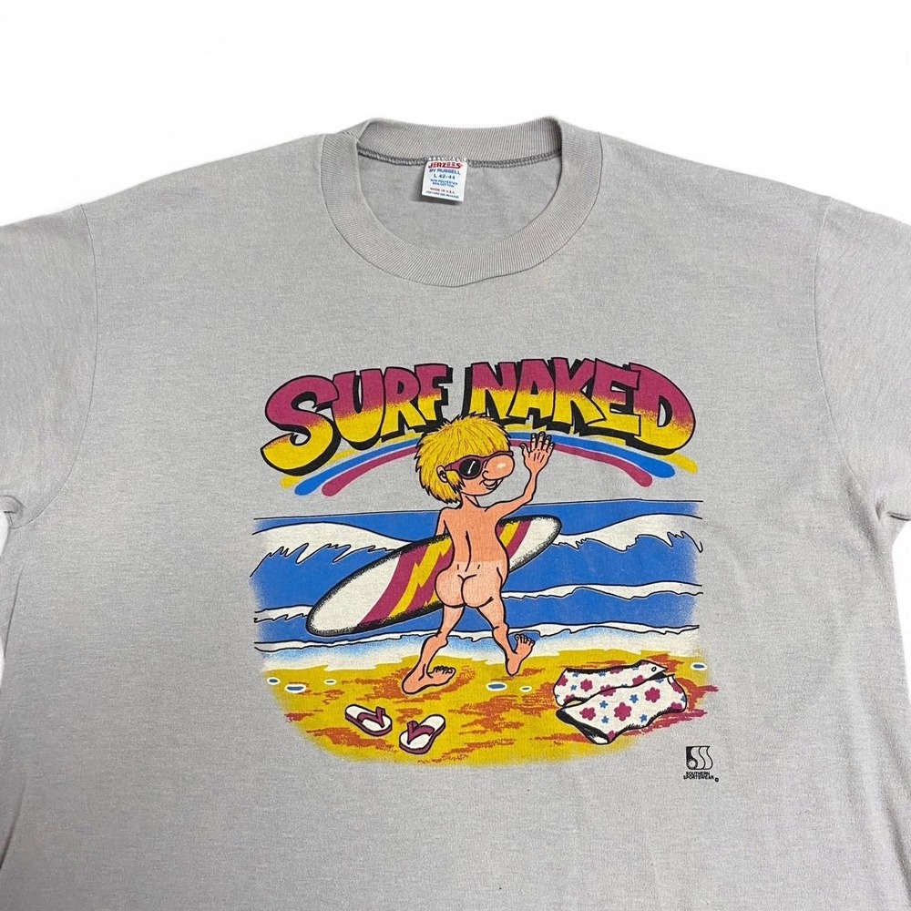 Vintage surf naked, graphic grey funny T-shirt